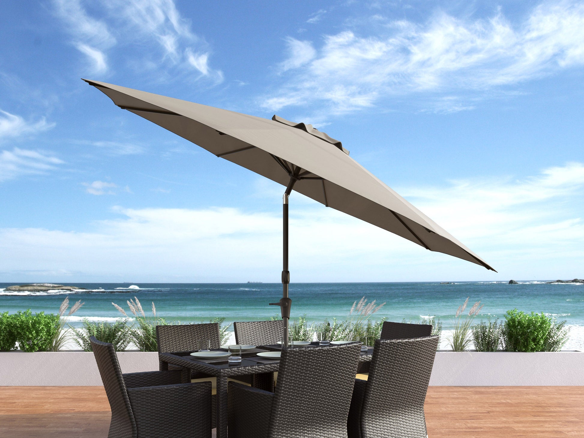 sand grey large patio umbrella, tilting with base 700 Series lifestyle scene CorLiving#color_sand-grey