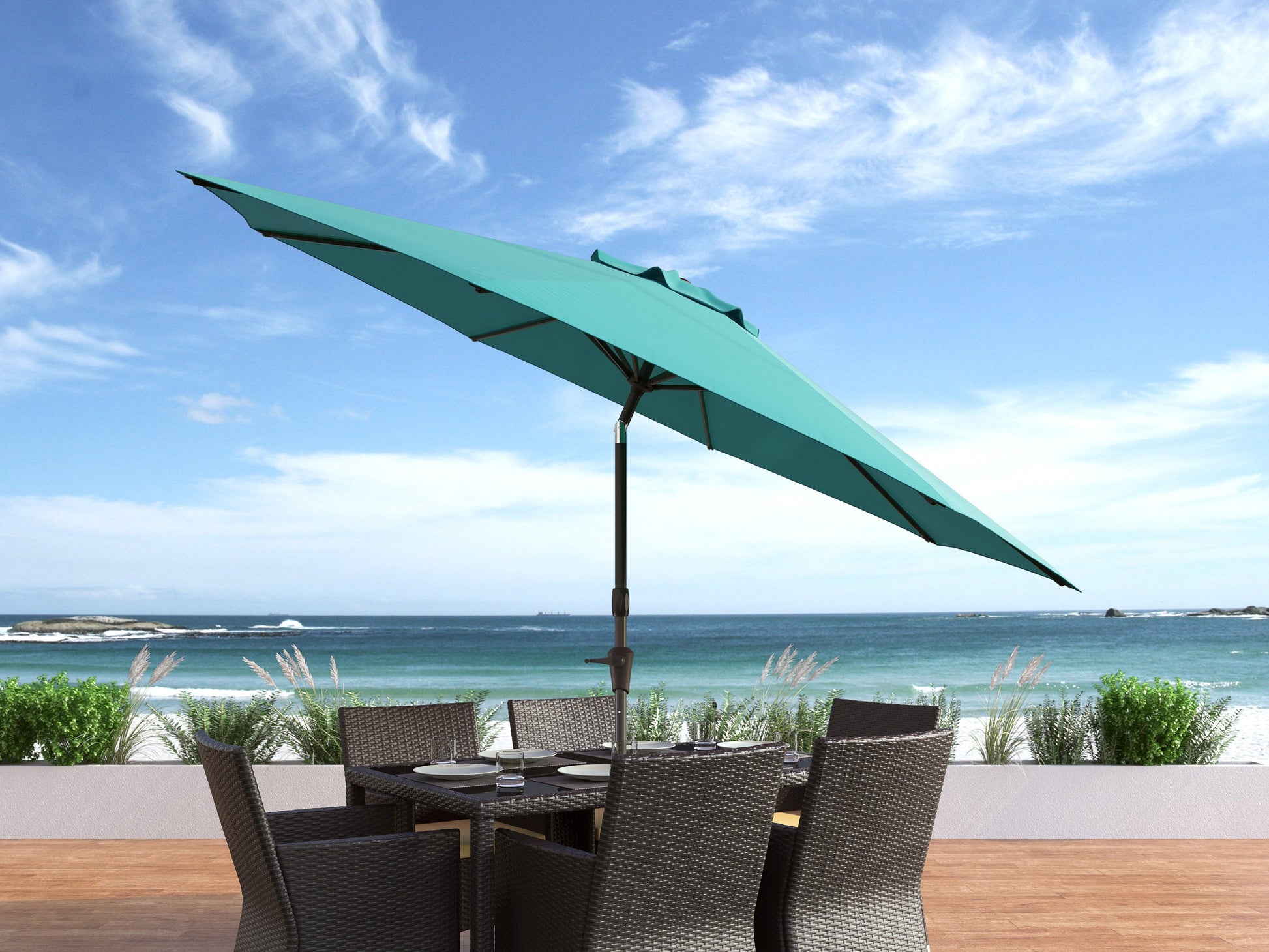 turquoise blue large patio umbrella, tilting with base 700 Series lifestyle scene CorLiving#color_turquoise-blue