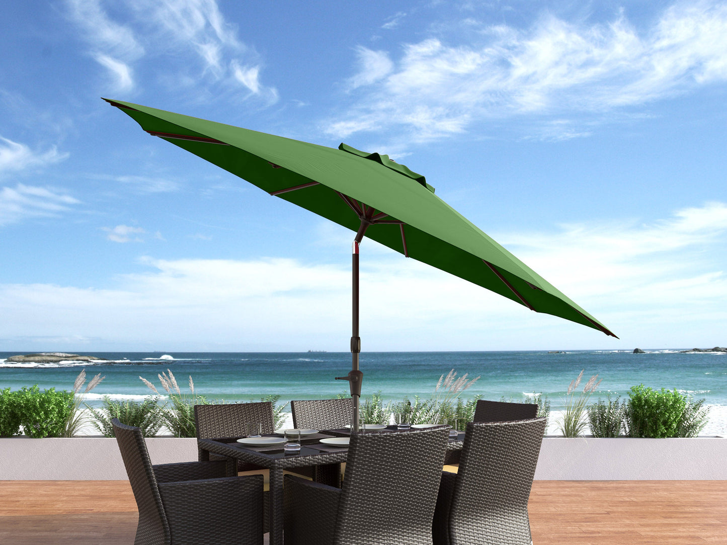 forest green large patio umbrella, tilting with base 700 Series lifestyle scene CorLiving#color_forest-green