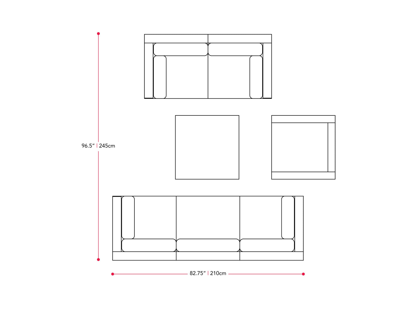 black and ash grey Outdoor Sofa Set, 7pc Parksville Collection measurements diagram by CorLiving#color_black-and-ash-grey