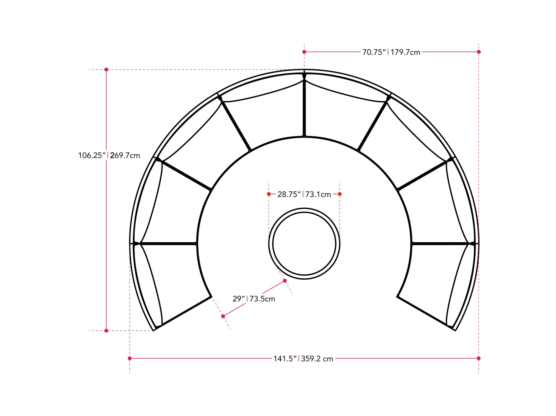 blended grey and oxford blue Circular Outdoor Seating, 5pc Parksville Collection measurements diagram by CorLiving#color_blended-grey-and-oxford-blue