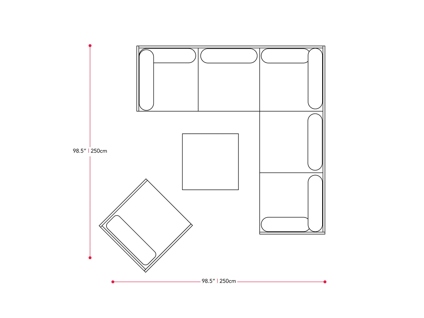 blended grey and oxford blue L Shaped Outdoor Sectional, 7pc Parksville Collection measurements diagram by CorLiving#color_blended-grey-and-oxford-blue