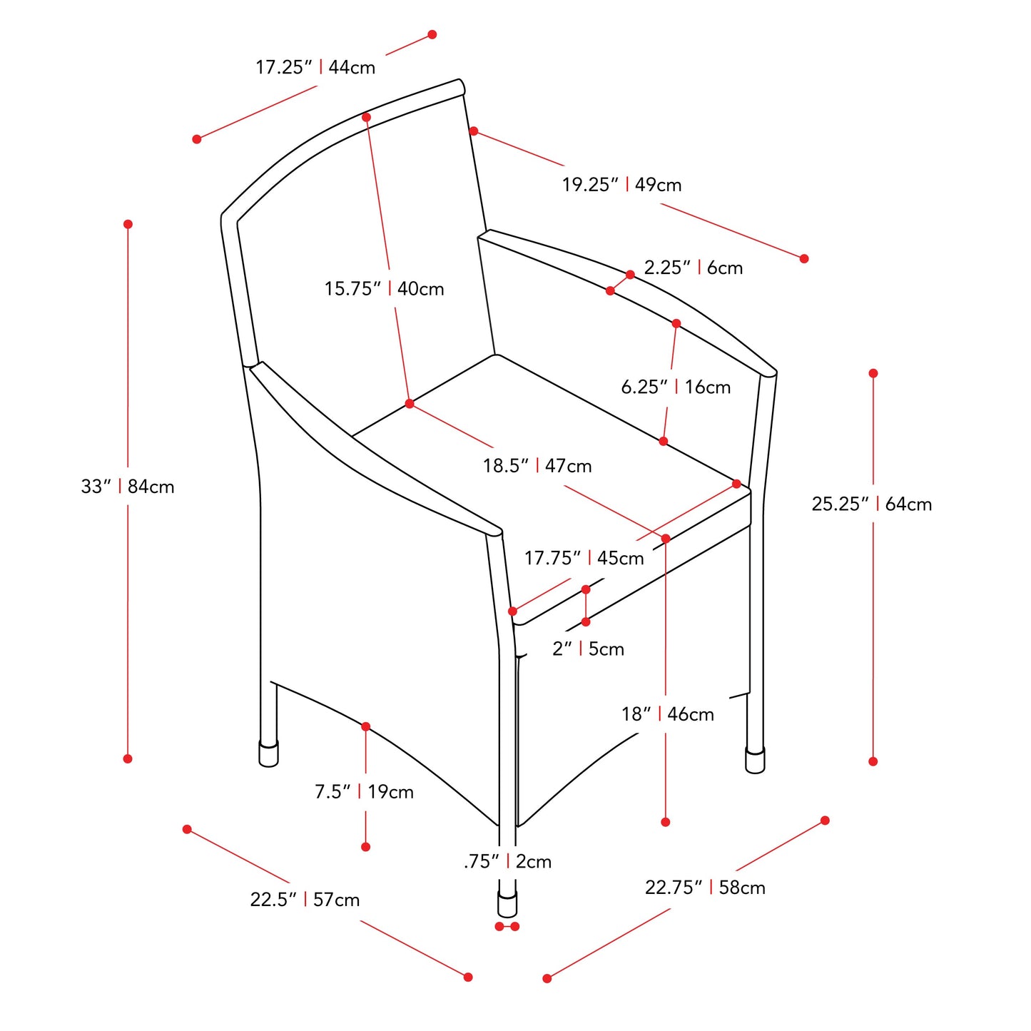 black and grey Wicker Armchair, Set of 2 Parksville Collection measurements diagram by CorLiving#color_black-and-grey