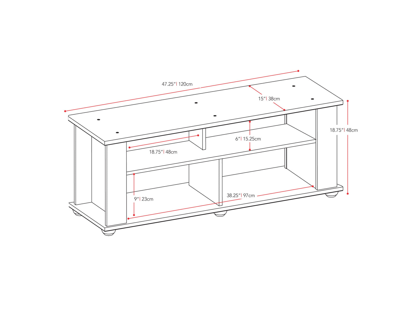 black Wood TV Stand for TVs up to 55" Bakersfield Collection measurements diagram by CorLiving#color_black