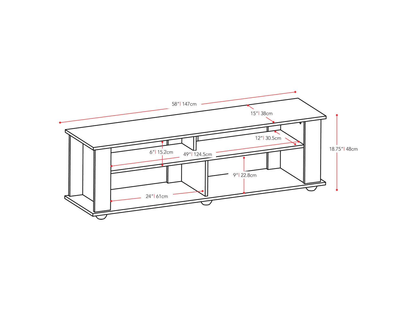 black Wood TV Stand for TVs up to 75" Bakersfield Collection measurements diagram by CorLiving#color_black