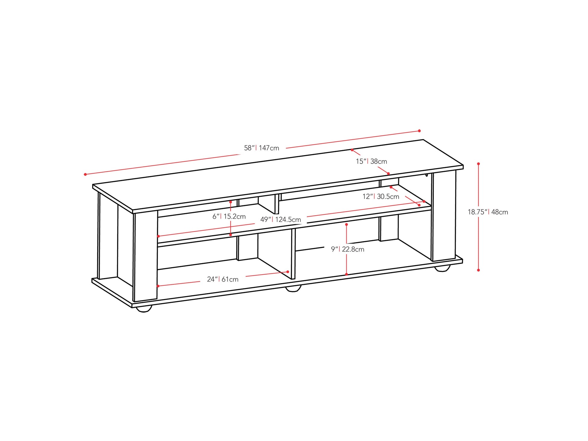 black Wood TV Stand for TVs up to 75" Bakersfield Collection measurements diagram by CorLiving#color_black