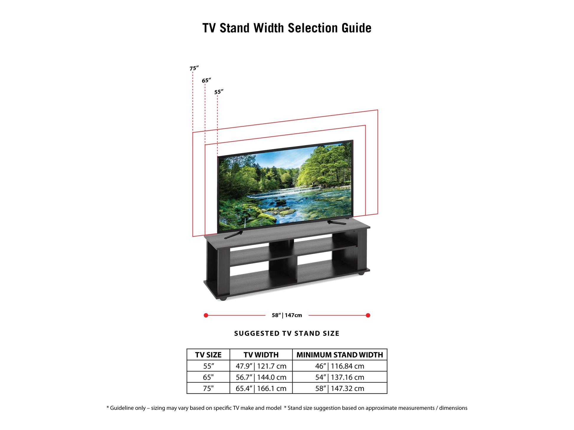 black Wood TV Stand for TVs up to 75" Bakersfield Collection infographic by CorLiving#color_black