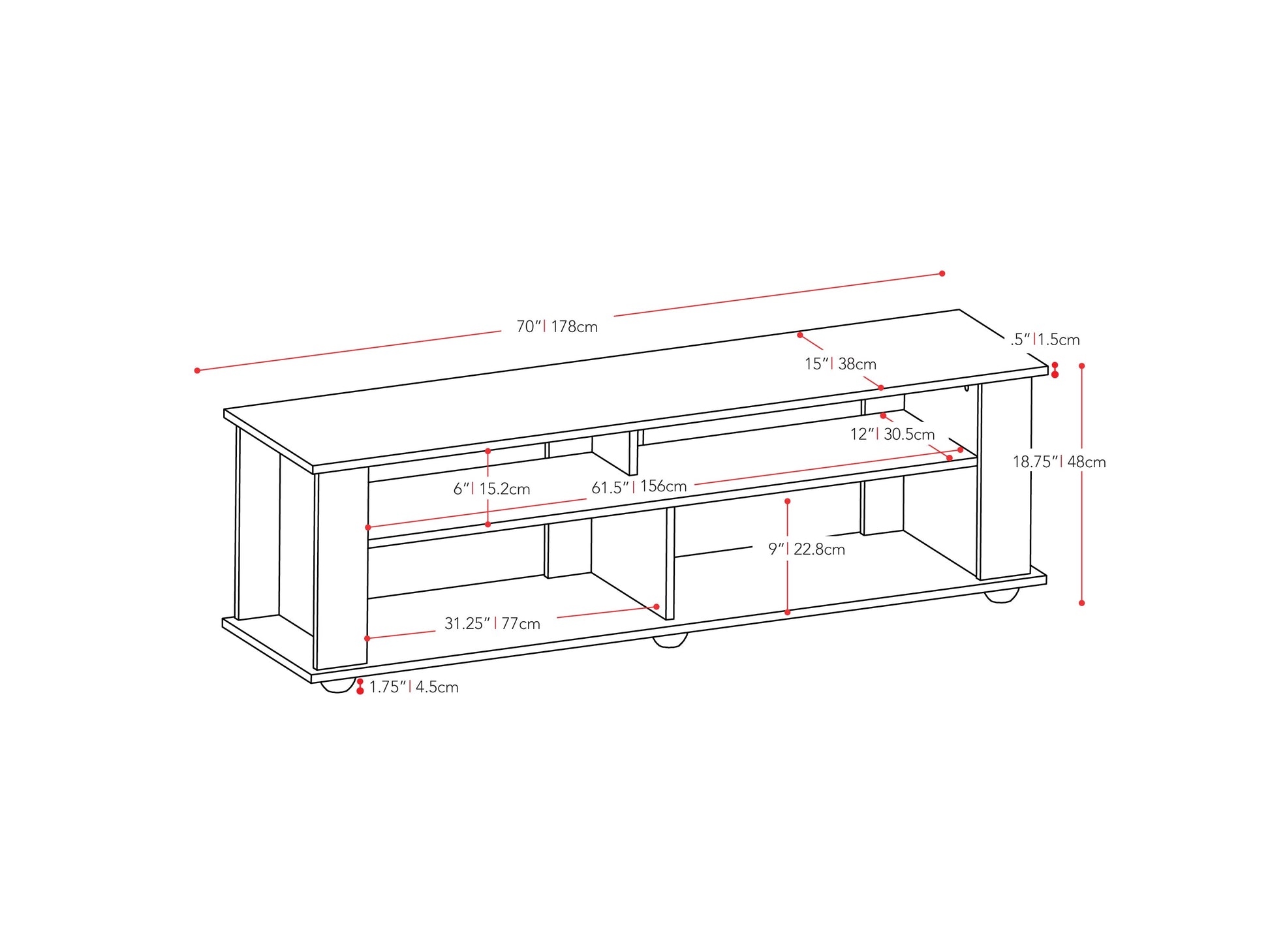 TV Stand Black for TVs up to 85" Bakersfield Collection measurements diagram by CorLiving#color_black