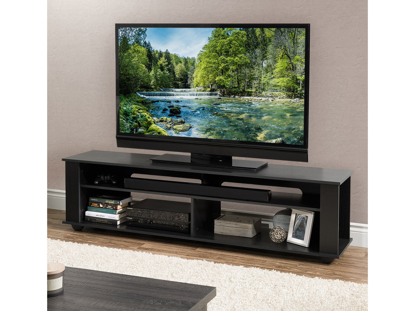 TV Stand Black for TVs up to 85" Bakersfield Collection lifestyle scene by CorLiving#color_black