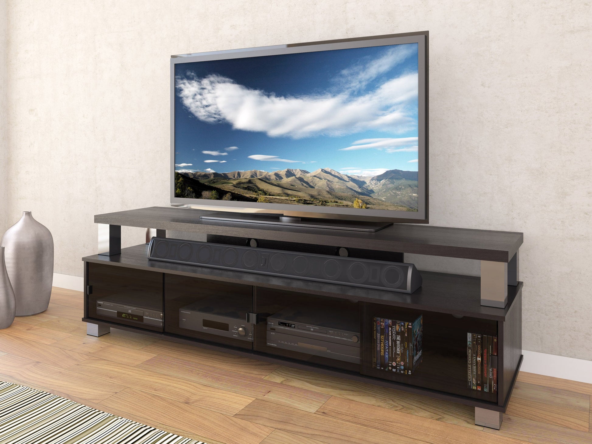 black Extra Wide TV Stand for TVs up to 95" Bromley Collection lifestyle scene by CorLiving#color_black