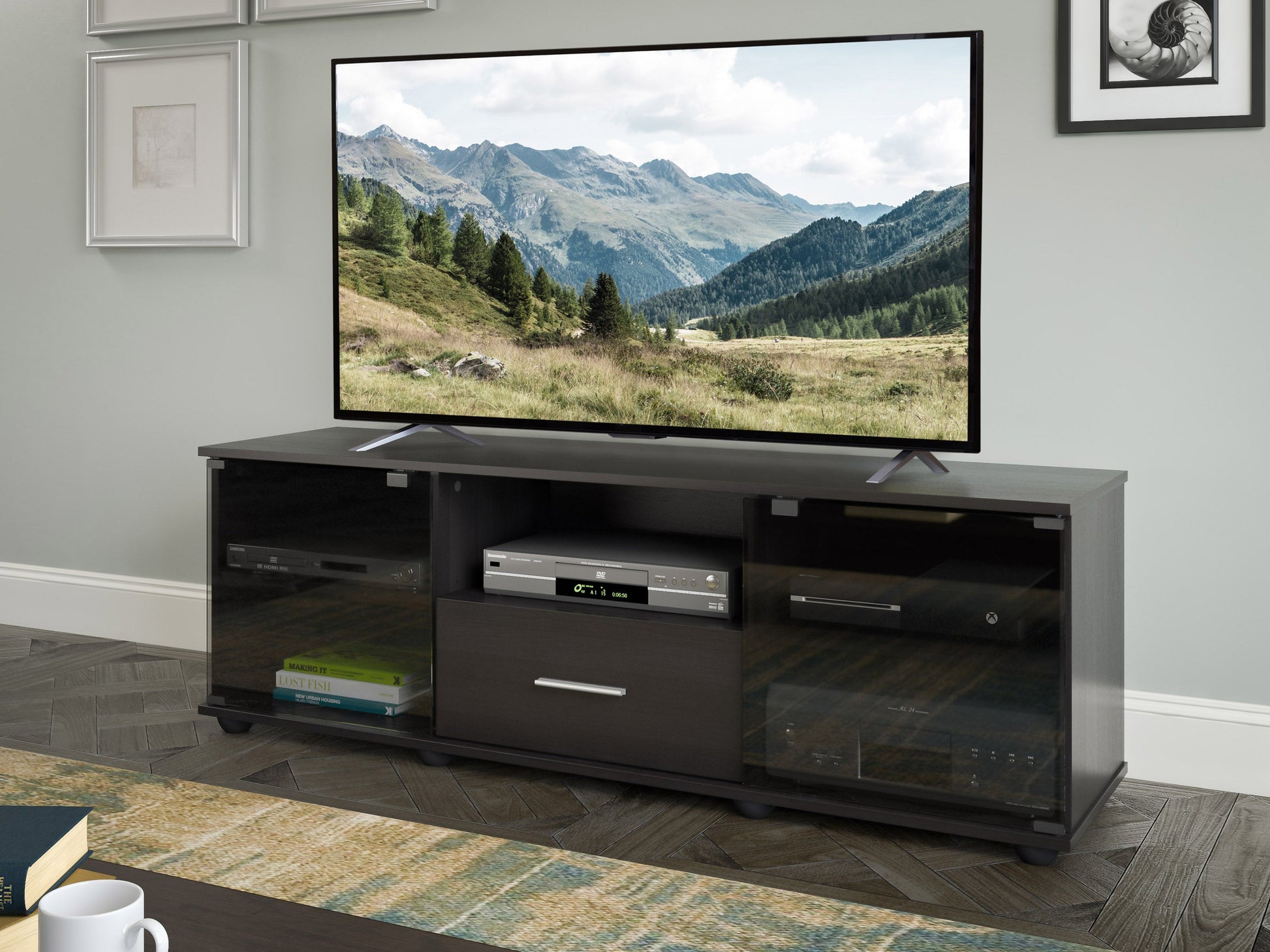 black TV Stand for TVs up to 75" Fernbrook Collection lifestyle scene by CorLiving#color_black