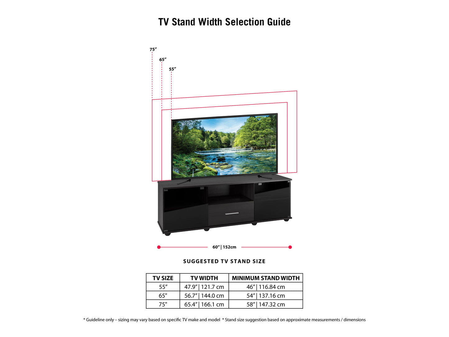 black TV Stand for TVs up to 75" Fernbrook Collection infographic by CorLiving#color_black