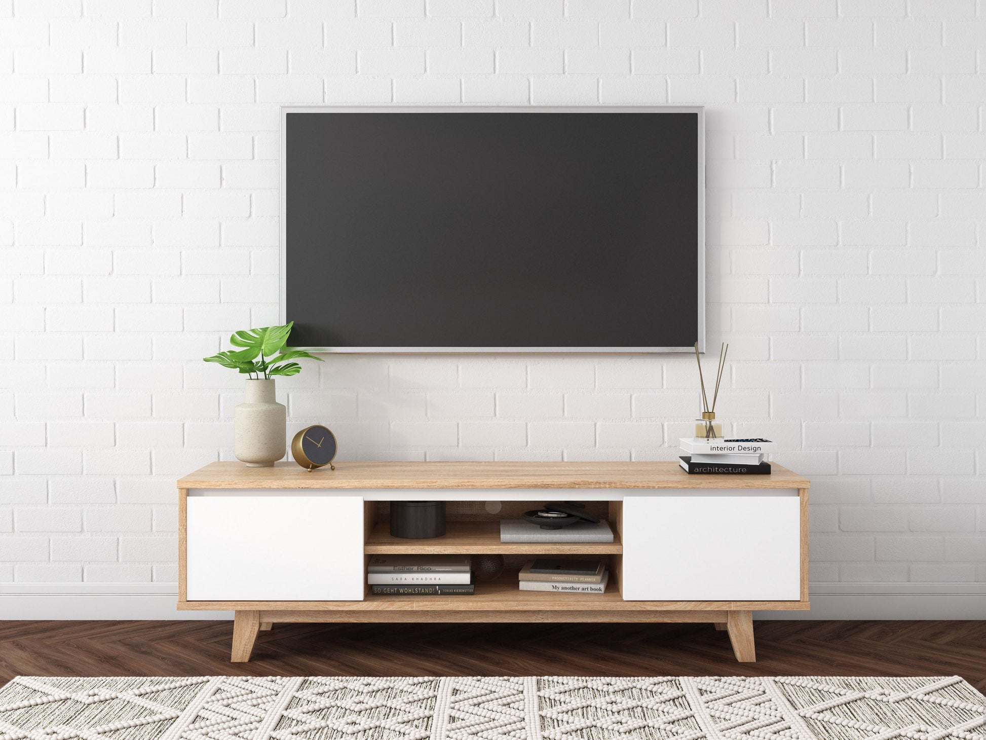 White and Brown Wood TV Stand for TVs up to 68" Fort Worth Collection lifestyle scene by CorLiving#color_fort-worth-white-and-brown