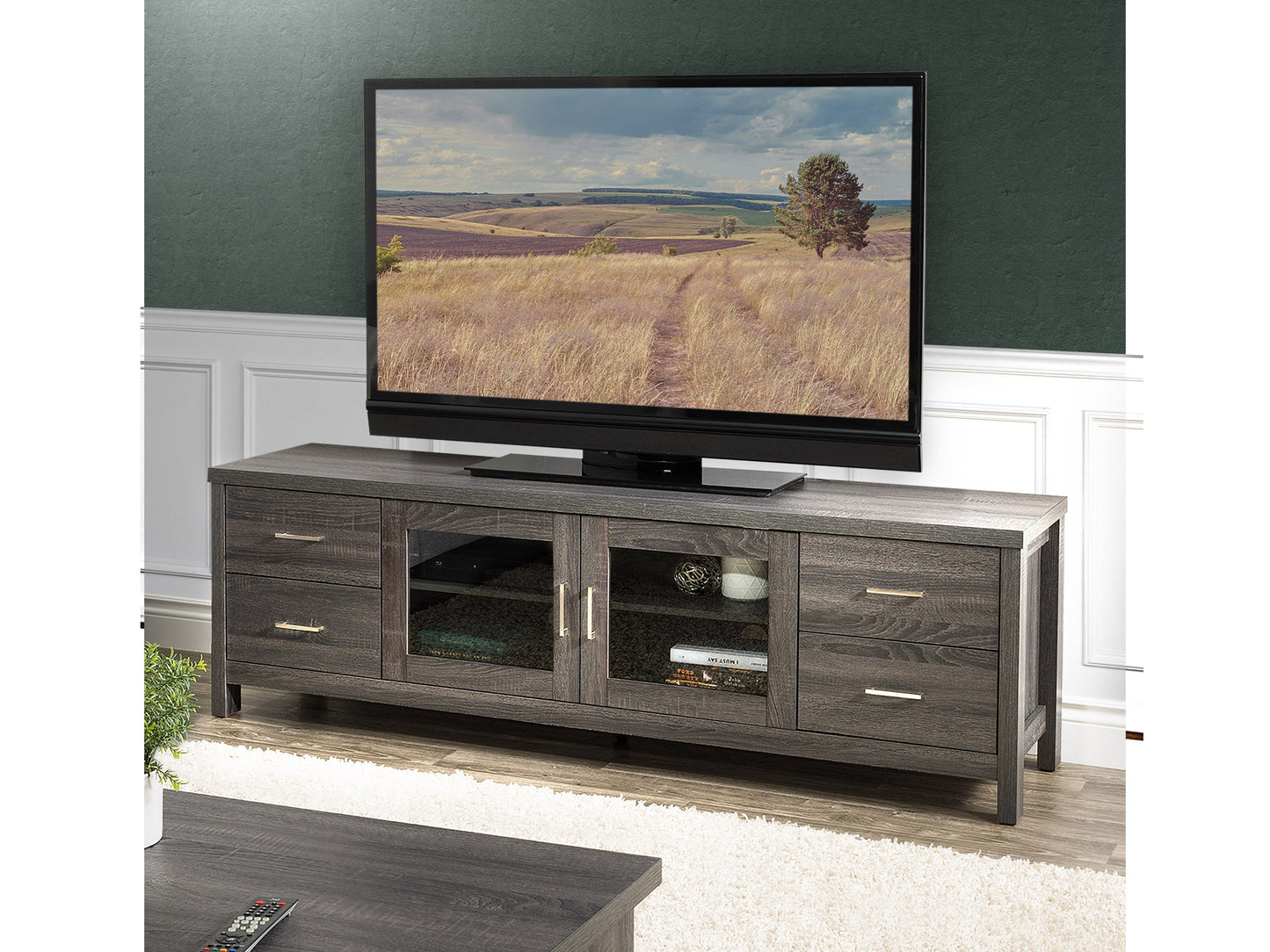 dark grey TV Cabinet with Doors for TVs up to 85" Hollywood Collection lifestyle scene by CorLiving#color_dark-grey