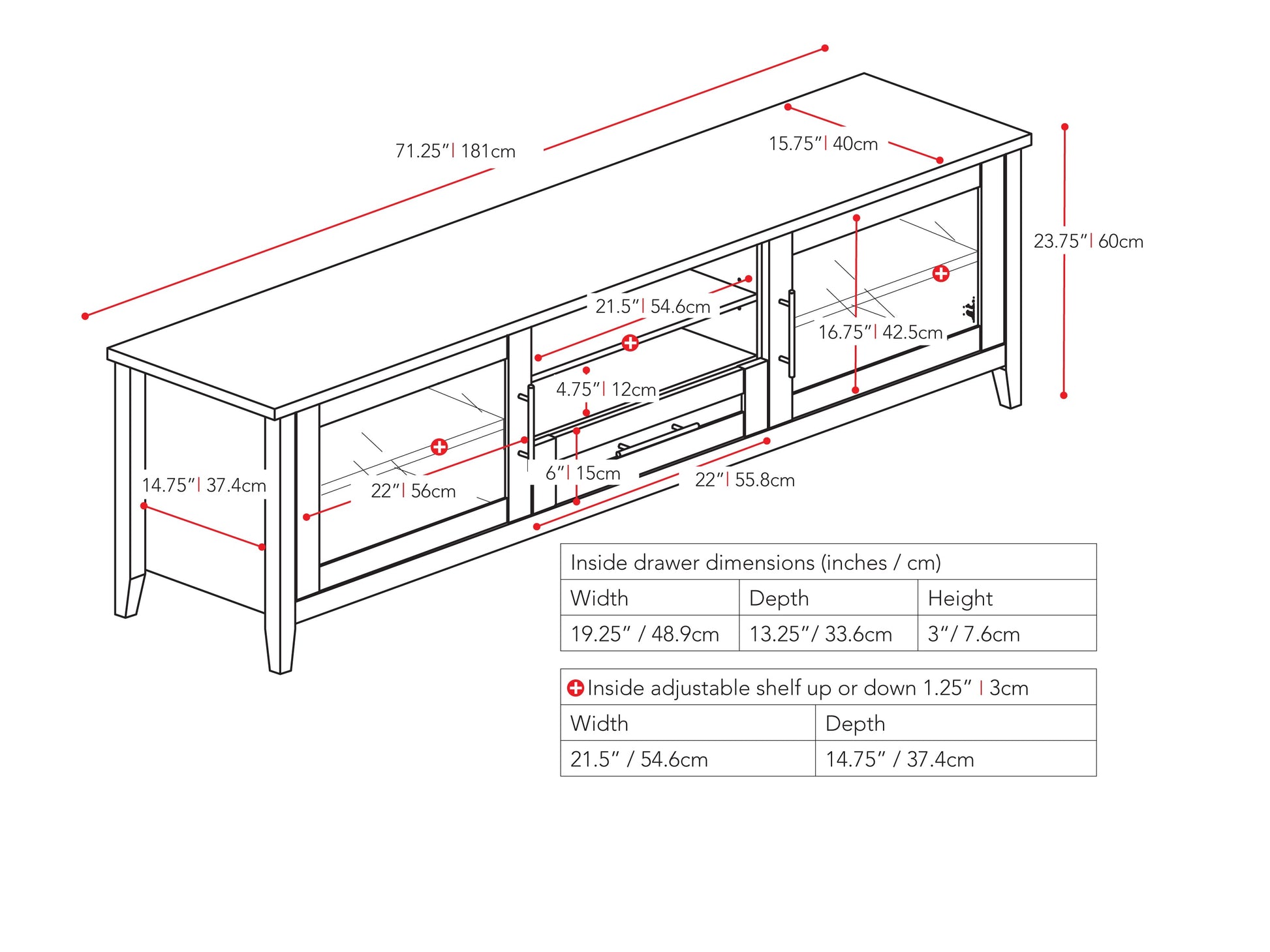 black TV Stand with Doors for TVs up to 85" Jackson Collection measurements diagram by CorLiving#color_black