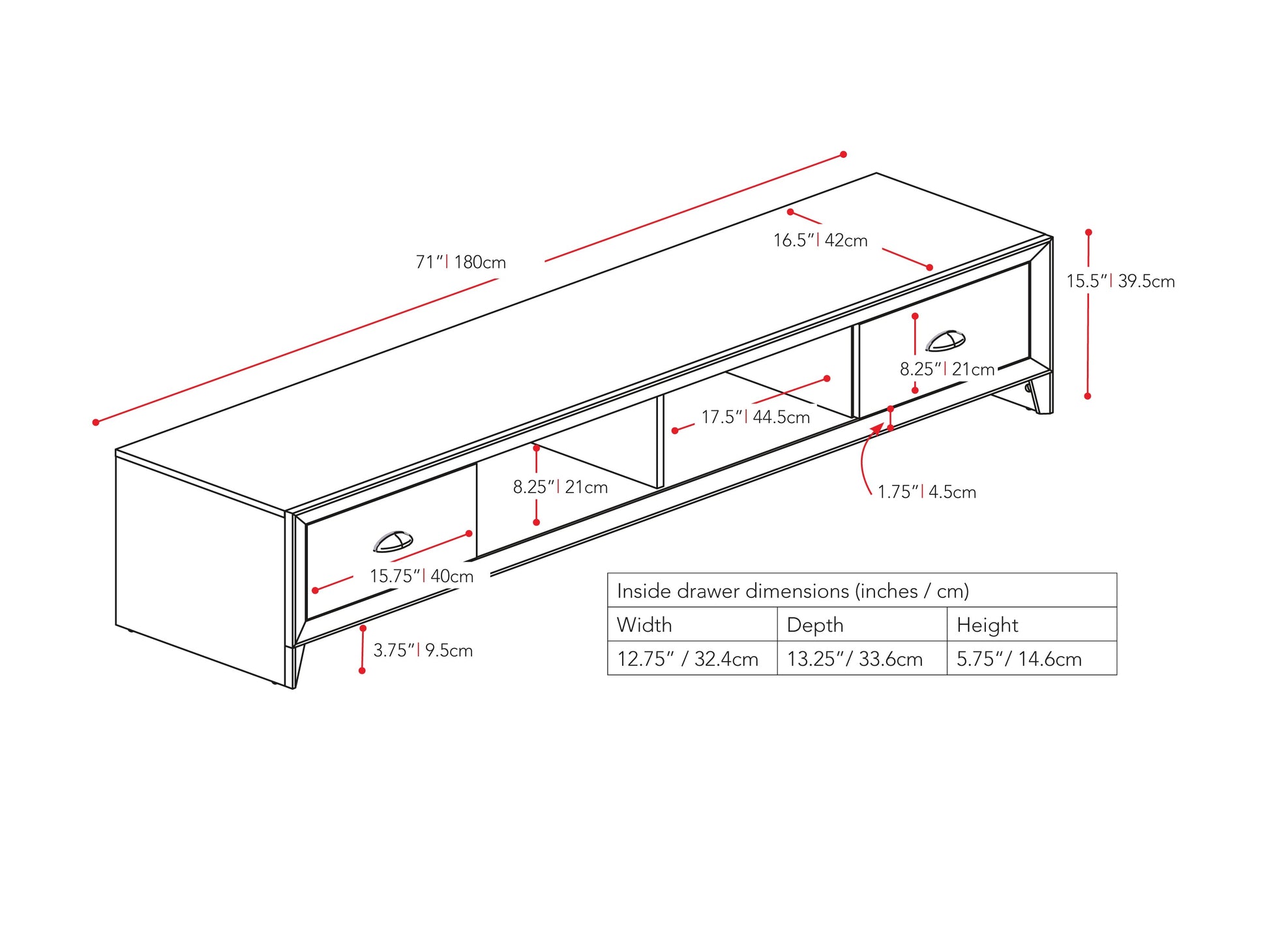 black TV Stand for TVs up to 85" Lakewood Collection measurements diagram by CorLiving#color_black