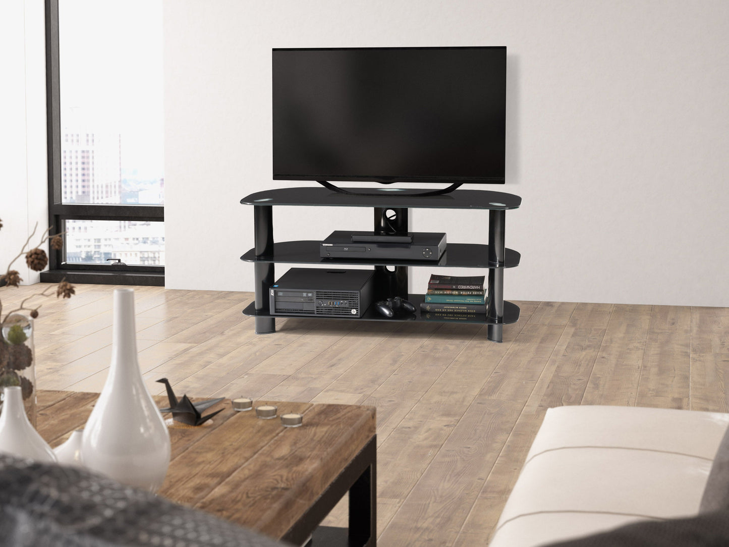 black Glass TV Stand for TVs up to 48" Laguna Collection lifestyle scene by CorLiving#color_black